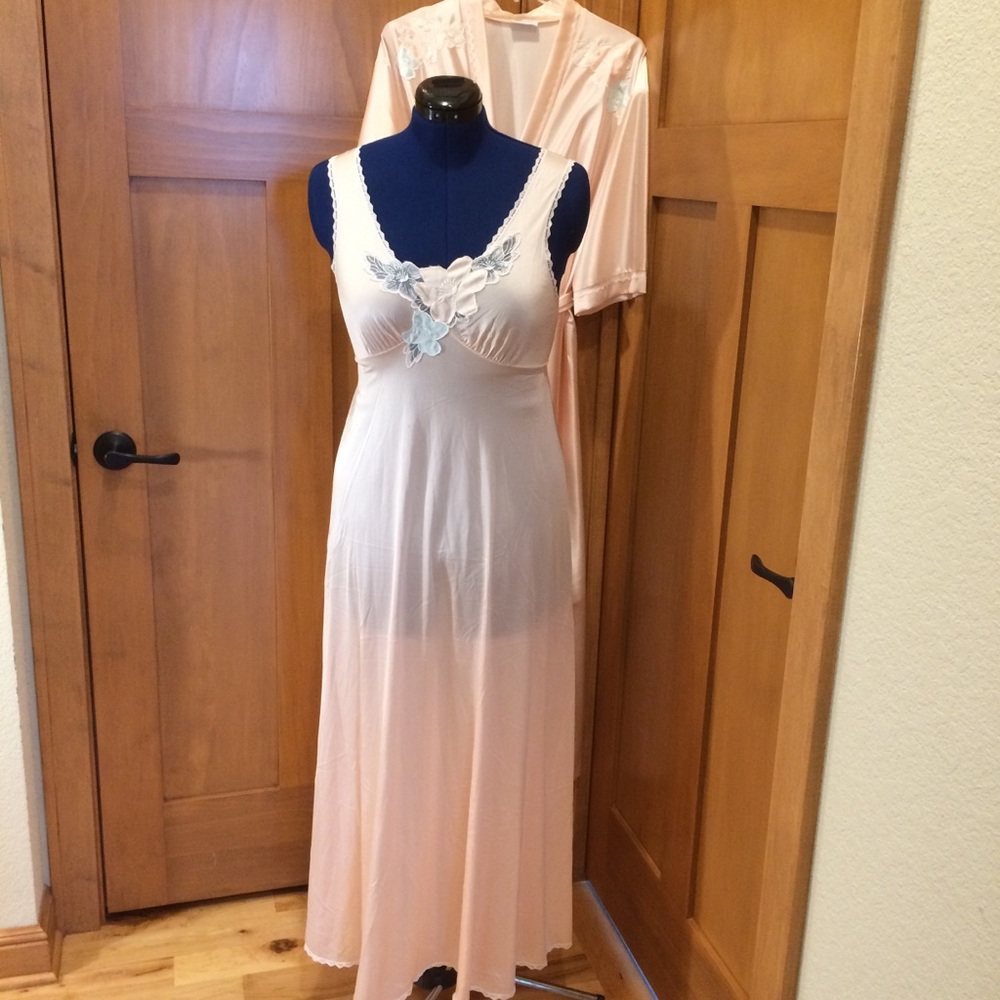 VTG Long 2 Pc Peach Chemise / Robe w Applique M